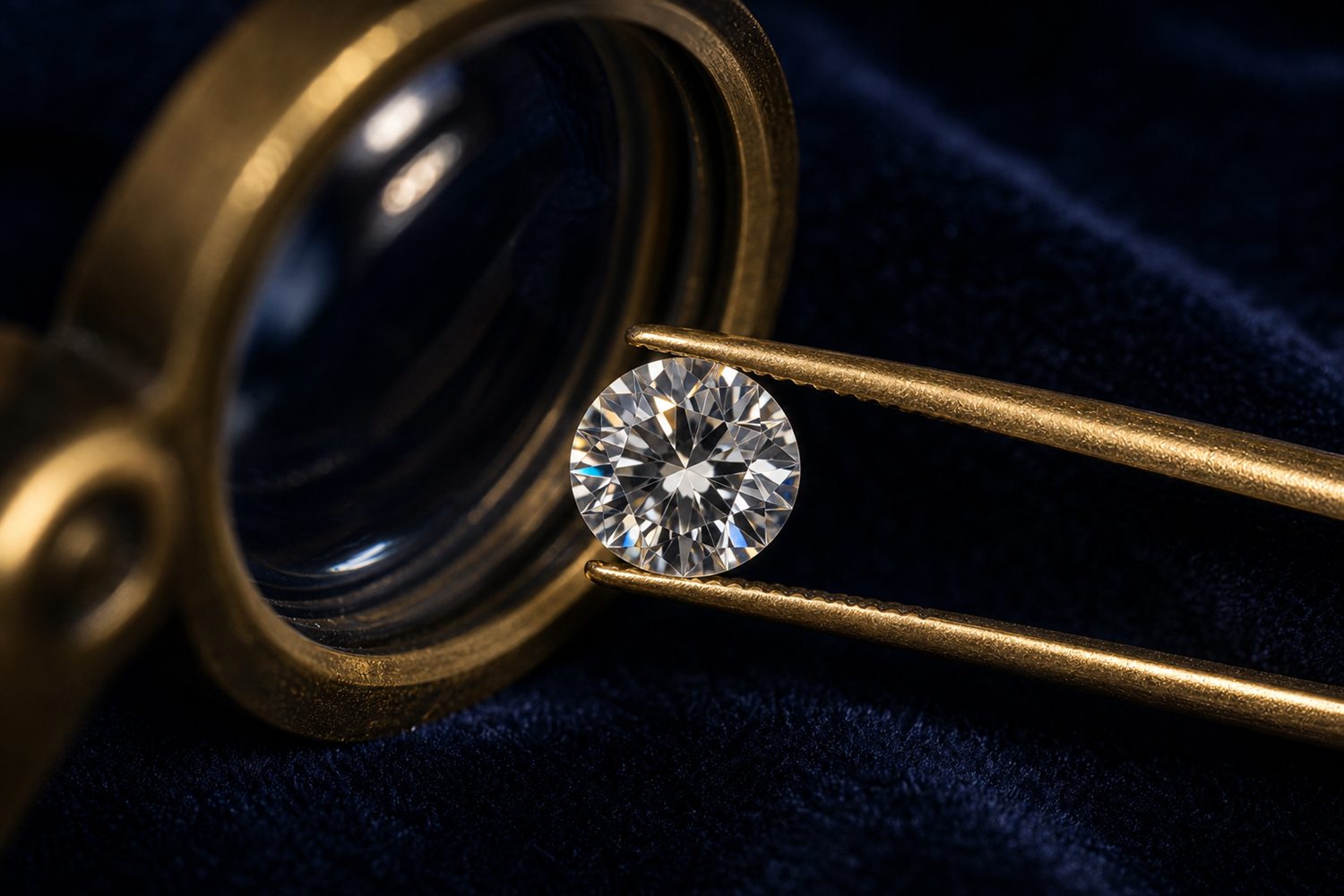 Loser Brillant in einer Pinzette unter der Lupe betrachtet auf dunklem Samt &ndash; Diamant-Bewertung nach den 4 C in Leverkusen