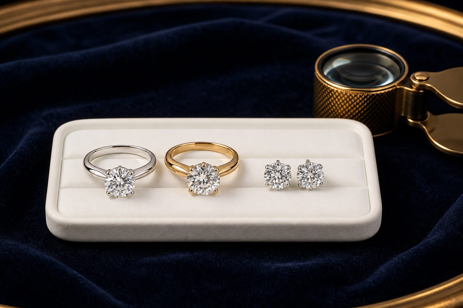 Zwei Diamant-Solit&auml;rringe und Diamant-Ohrstecker auf einem hellen Steintablett auf dunklem Samt &ndash; Diamantschmuck-Ankauf Leverkusen