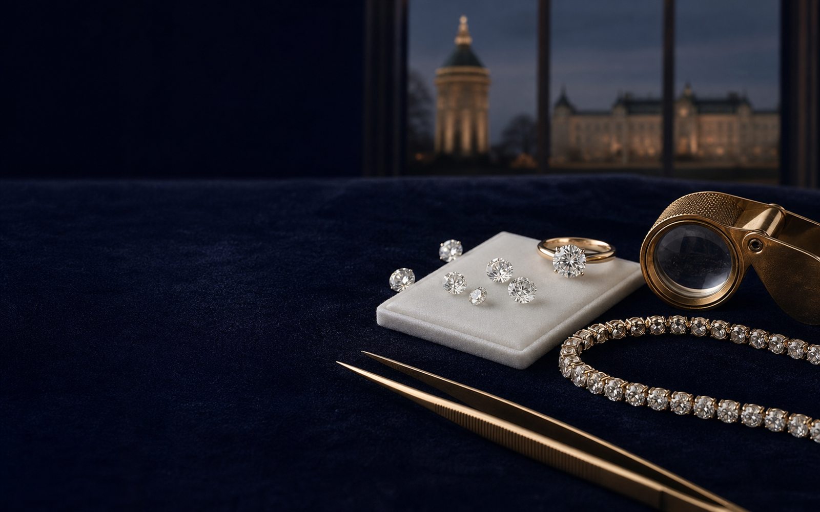Lose Brillanten auf einem Steinpapier, ein Solit&auml;rring und ein Diamantarmband auf dunklem Samt, daneben Lupe und Pinzette, im Hintergrund die Silhouette des Mannheimer Wasserturms &ndash; Diamant verkaufen Mannheim