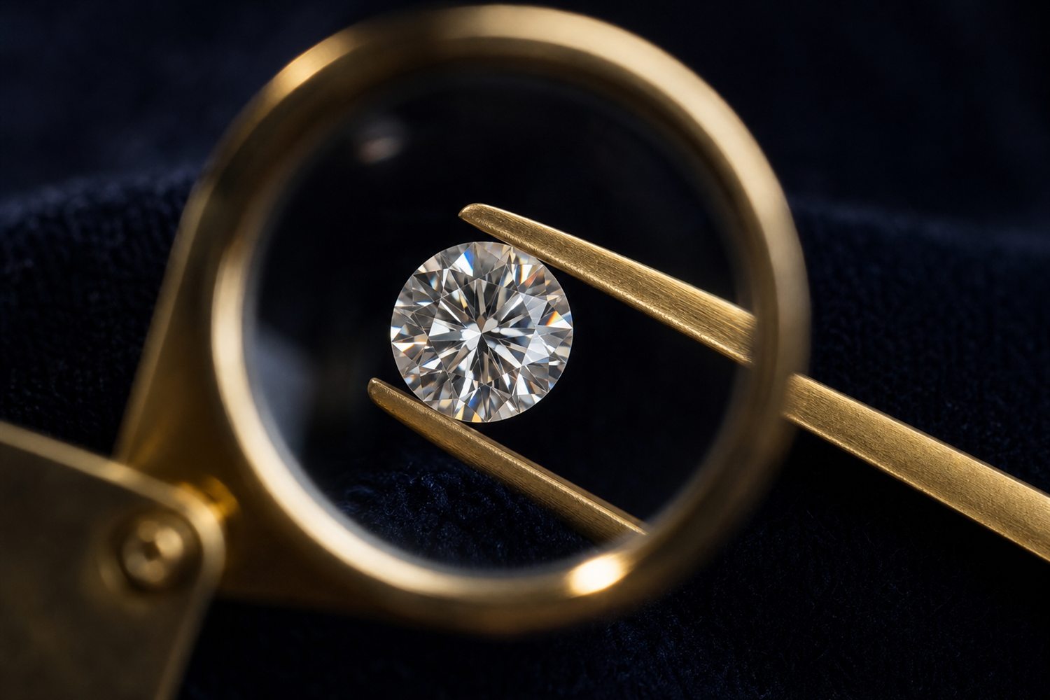 Loser Brillant in einer Pinzette unter der Lupe betrachtet auf dunklem Samt &ndash; Diamant-Bewertung nach den 4 C in Mannheim