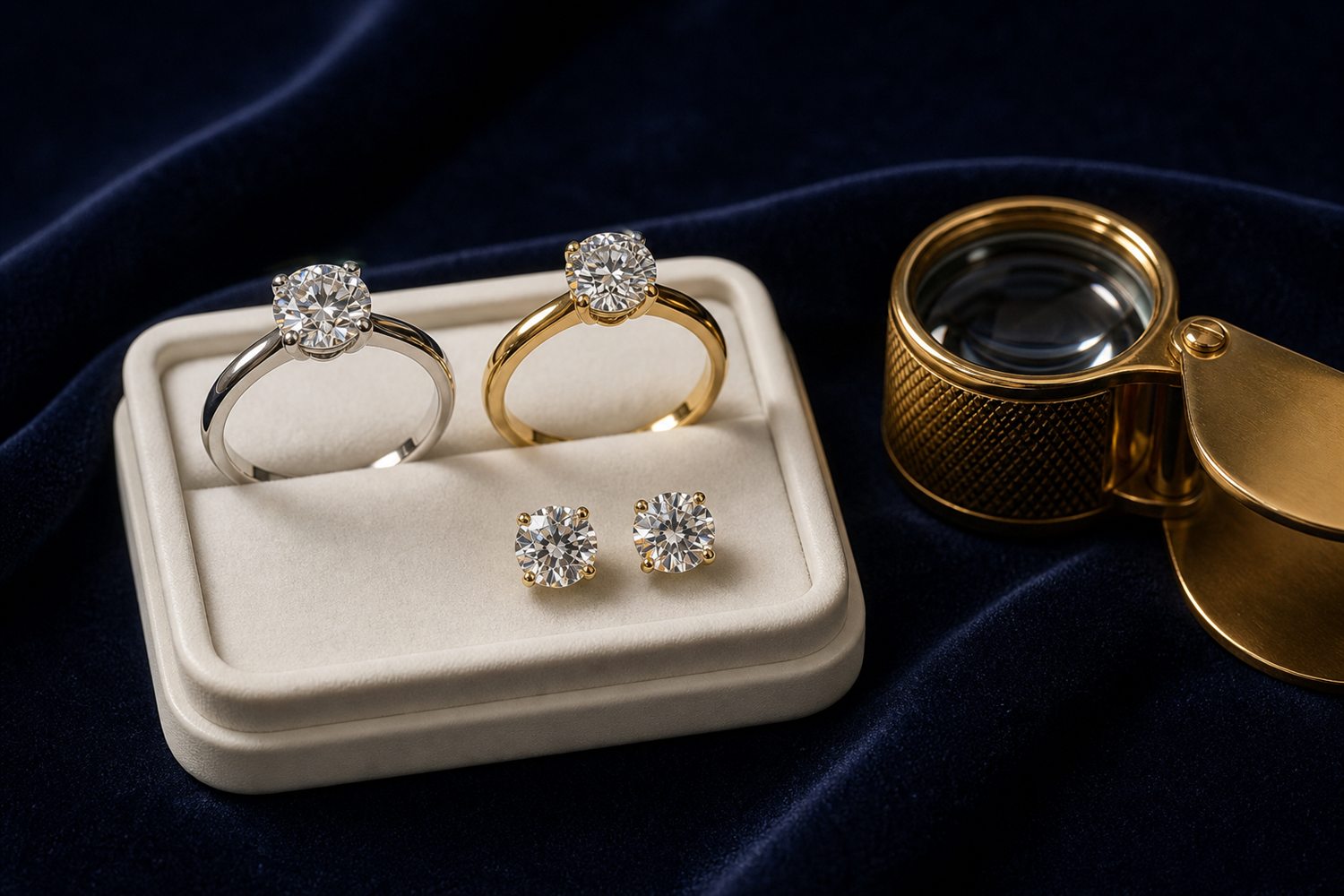 Zwei Diamant-Solit&auml;rringe und Diamant-Ohrstecker auf einem hellen Steintablett auf dunklem Samt &ndash; Diamantschmuck-Ankauf Mannheim