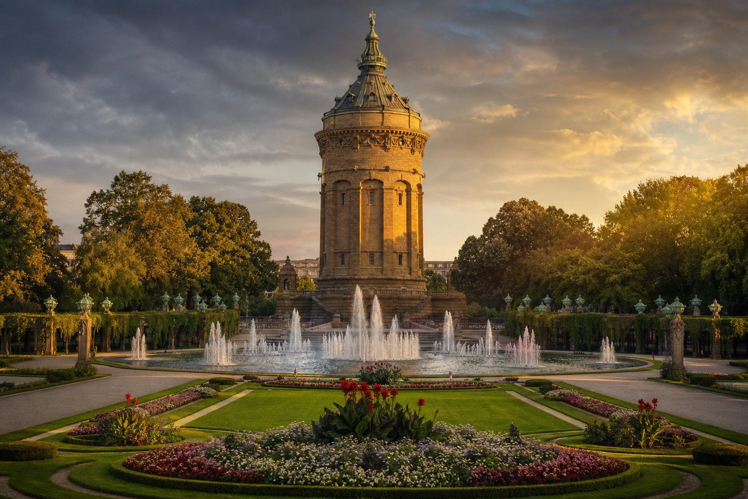 Der Mannheimer Wasserturm mit der Jugendstil-Anlage am Friedrichsplatz im Abendlicht &ndash; Diamant-Ankauf Region Mannheim
