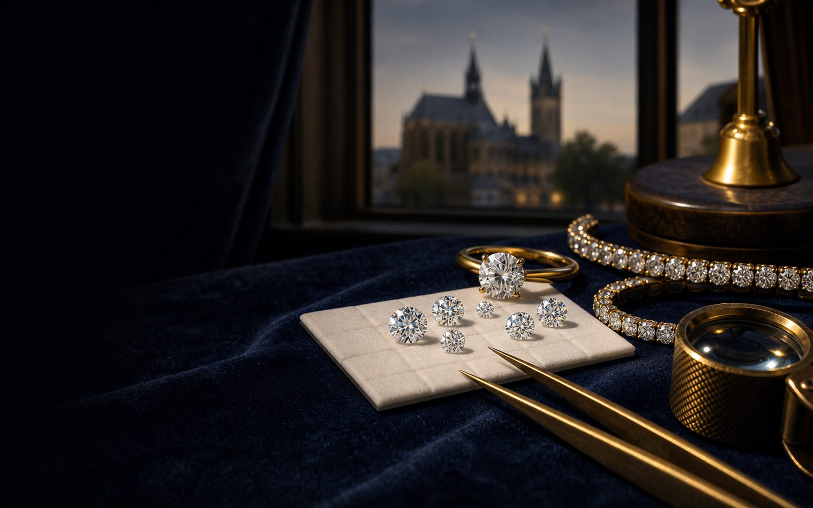 Lose Brillanten auf einem Steinpapier, ein Solit&auml;rring und ein Diamantarmband auf dunklem Samt, daneben Lupe und Pinzette, im Hintergrund die Turmsilhouette des M&uuml;nsters St. Vitus &ndash; Diamant verkaufen M&ouml;nchengladbach