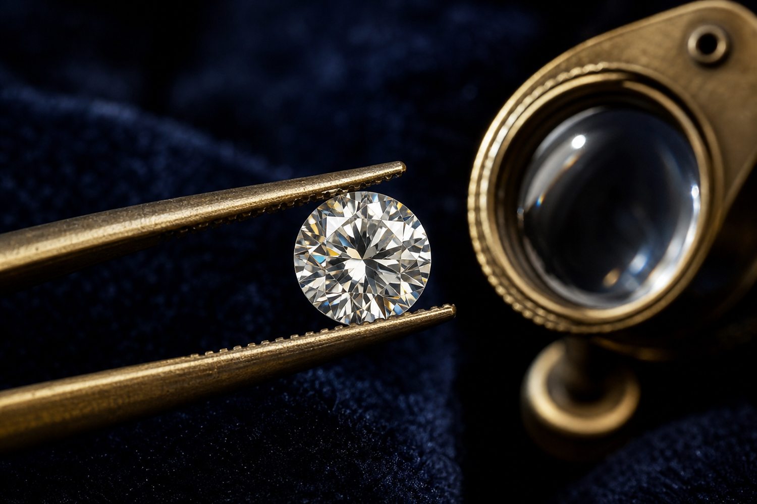 Loser Brillant in einer Pinzette unter der Lupe betrachtet auf dunklem Samt &ndash; Diamant-Bewertung nach den 4 C in M&ouml;nchengladbach