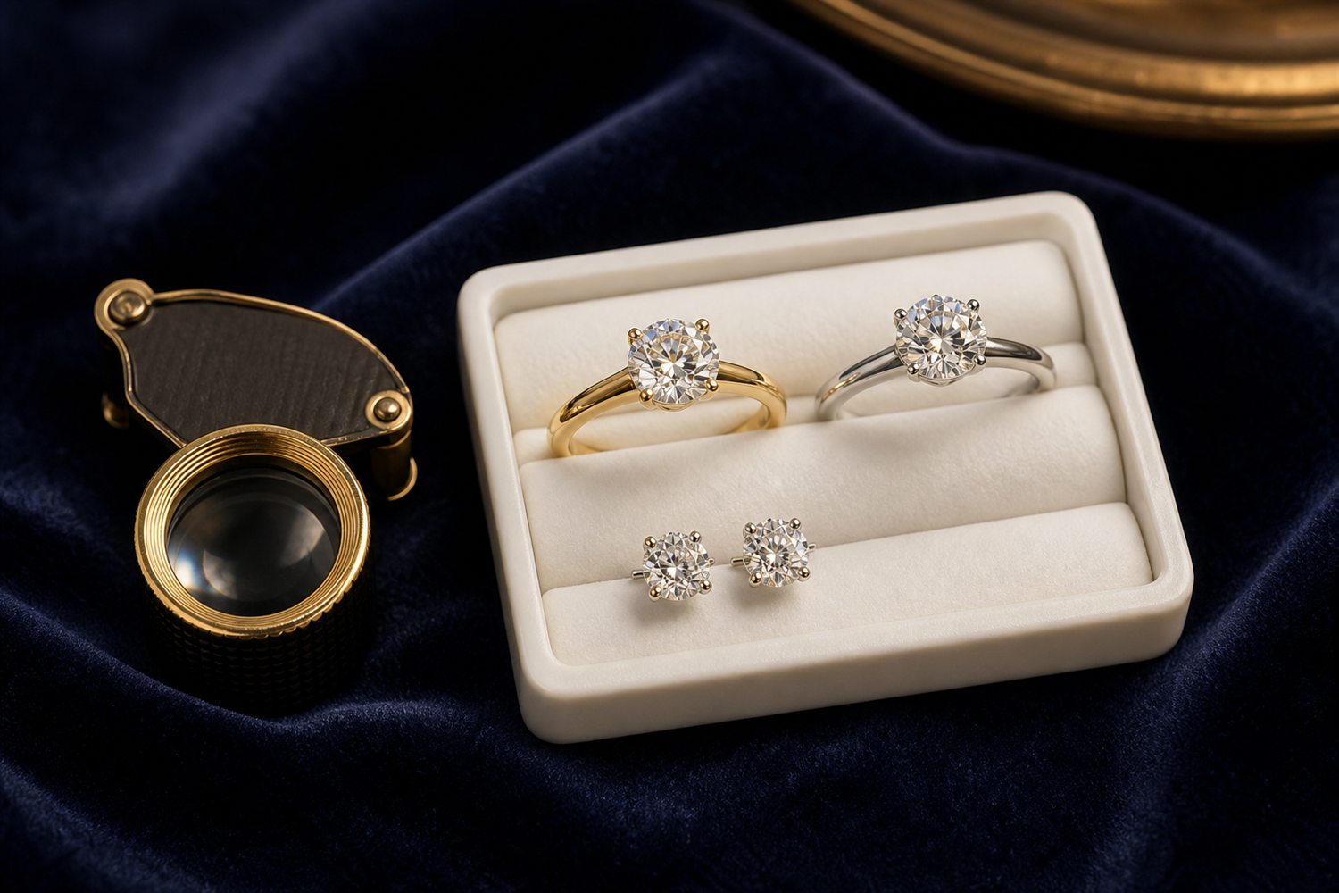 Zwei Diamant-Solit&auml;rringe und Diamant-Ohrstecker auf einem hellen Steintablett auf dunklem Samt &ndash; Diamantschmuck-Ankauf M&ouml;nchengladbach