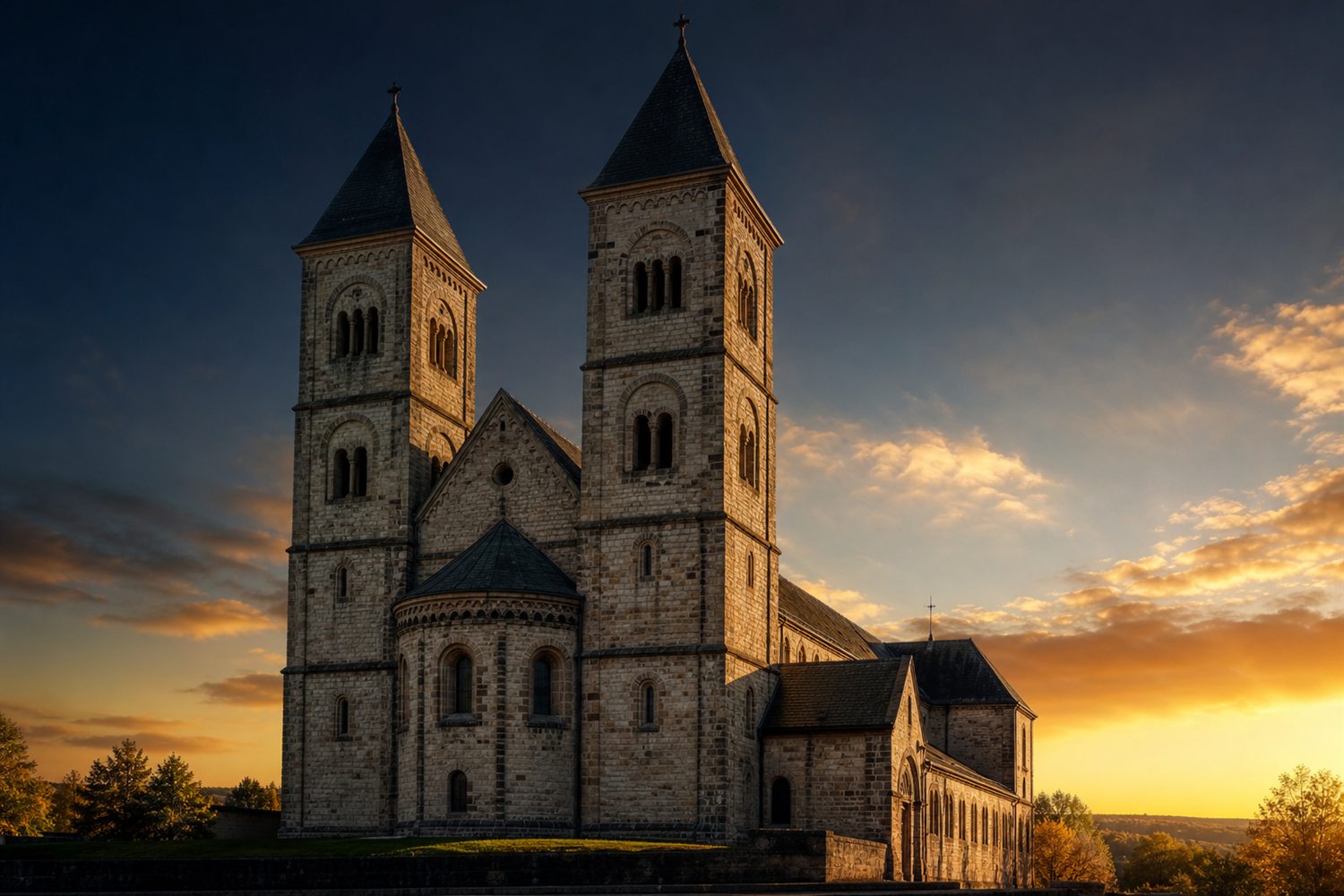 Das M&uuml;nster St. Vitus &uuml;ber der Altstadt von M&ouml;nchengladbach im Abendlicht &ndash; Diamant-Ankauf Region M&ouml;nchengladbach