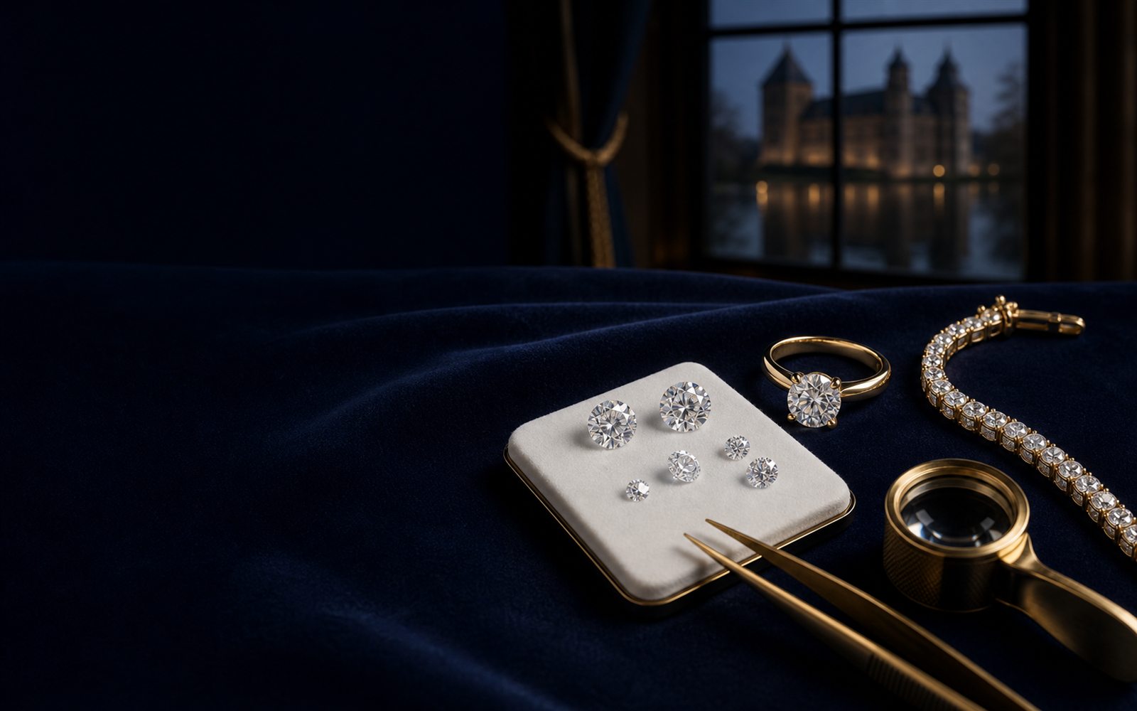 Lose Brillanten auf einem Steinpapier, ein Solit&auml;rring und ein Diamantarmband auf dunklem Samt, daneben Lupe und Pinzette, im Hintergrund die Doppelturm-Silhouette des Moerser Doms &ndash; Diamant verkaufen Moers