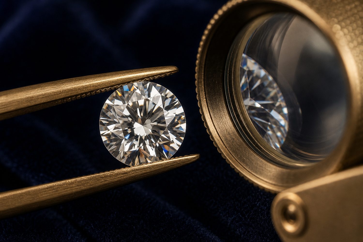 Loser Brillant in einer Pinzette unter der Lupe betrachtet auf dunklem Samt &ndash; Diamant-Bewertung nach den 4 C in Moers