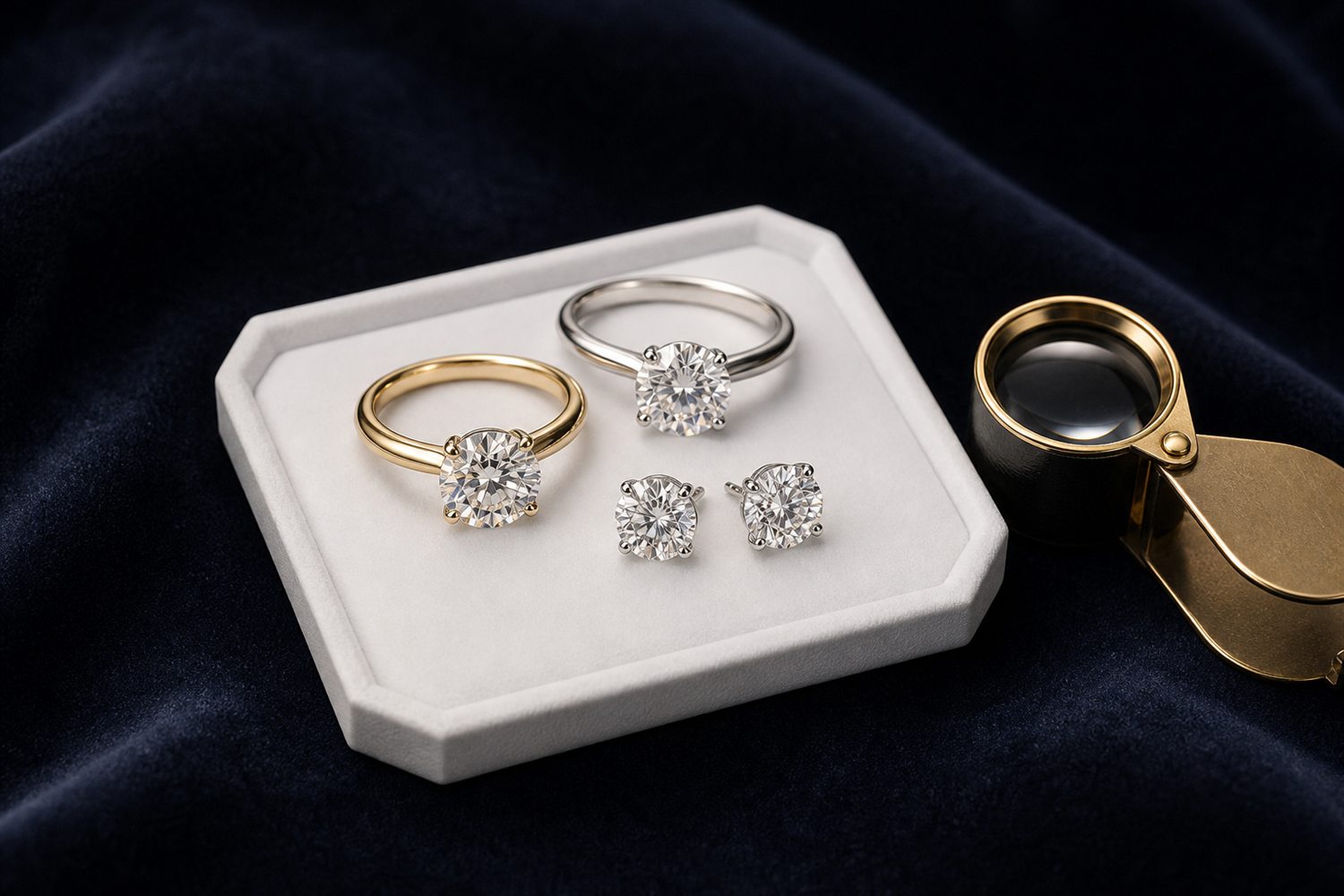 Zwei Diamant-Solit&auml;rringe und Diamant-Ohrstecker auf einem hellen Steintablett auf dunklem Samt &ndash; Diamantschmuck-Ankauf Moers