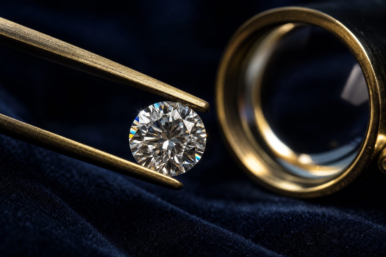 Loser Brillant in einer Pinzette unter der Lupe betrachtet auf dunklem Samt &ndash; Diamant-Bewertung nach den 4 C in M&uuml;lheim an der Ruhr