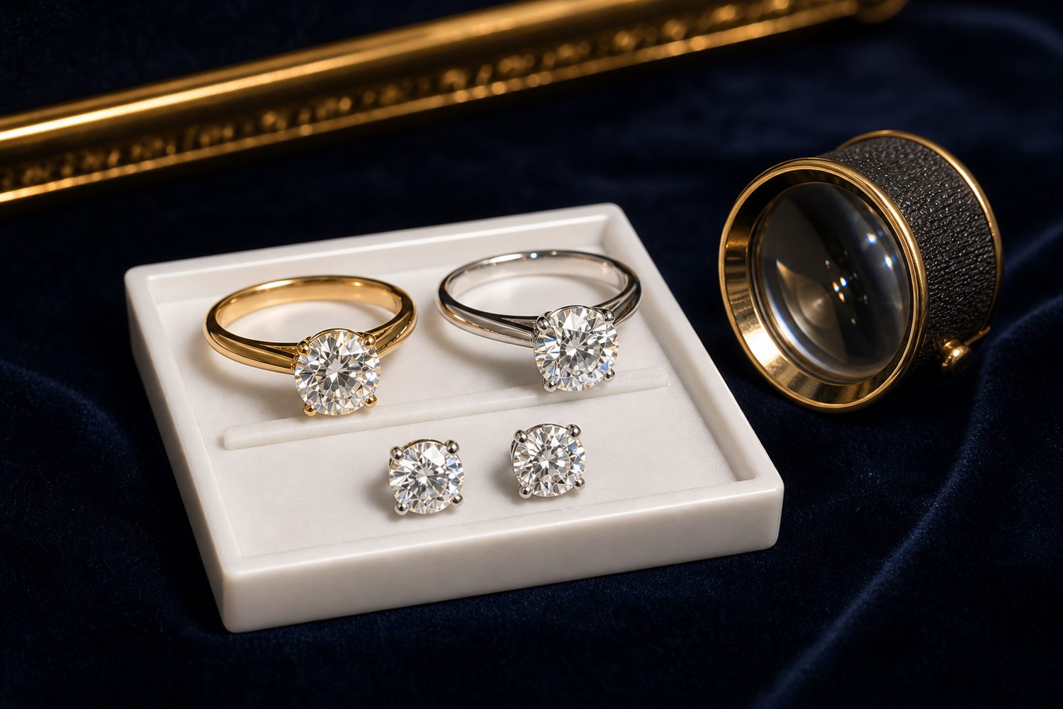 Zwei Diamant-Solit&auml;rringe und Diamant-Ohrstecker auf einem hellen Steintablett auf dunklem Samt &ndash; Diamantschmuck-Ankauf M&uuml;lheim an der Ruhr
