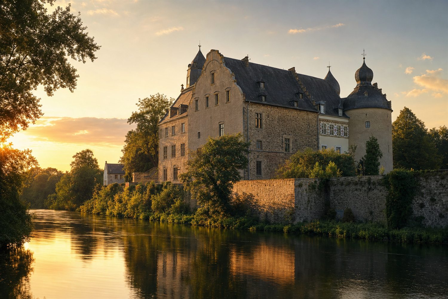 Die beiden gotischen T&uuml;rme des M&uuml;lheim an der Ruhrer Doms &uuml;ber dem Rhein im Abendlicht &ndash; Diamant-Ankauf Region M&uuml;lheim an der Ruhr