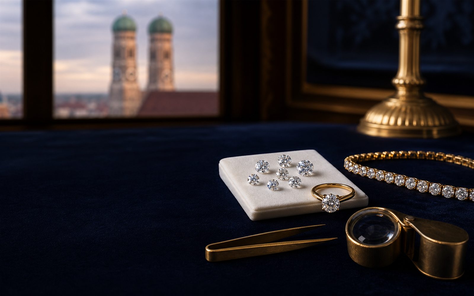 Lose Brillanten auf einem Steinpapier, ein Solit&auml;rring und ein Diamantarmband auf dunklem Samt, daneben Lupe und Pinzette, im Hintergrund die T&uuml;rme der Frauenkirche &ndash; Diamant verkaufen M&uuml;nchen