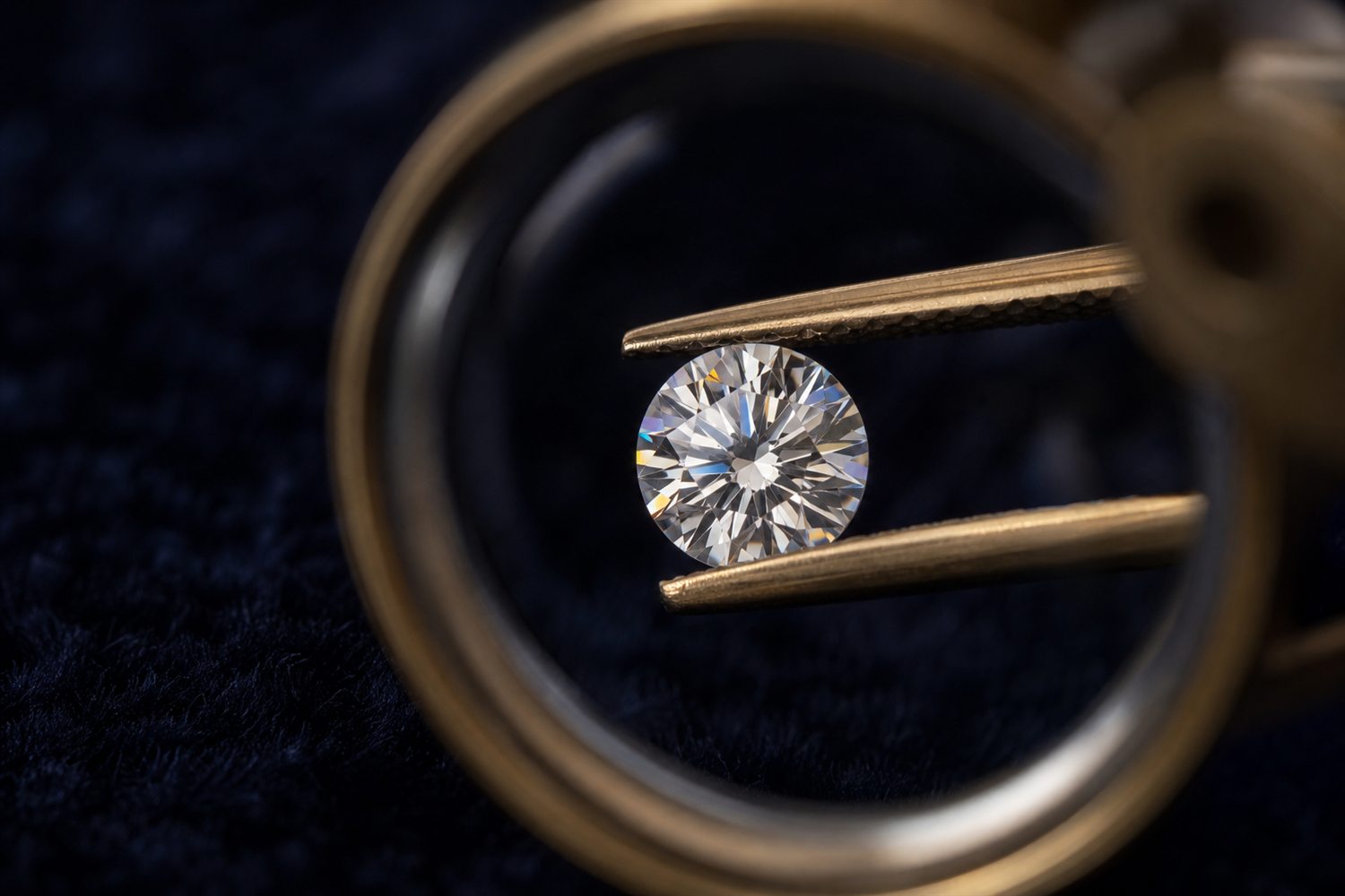 Loser Brillant in einer Pinzette unter der Lupe betrachtet auf dunklem Samt &ndash; Diamant-Bewertung nach den 4 C in M&uuml;nchen