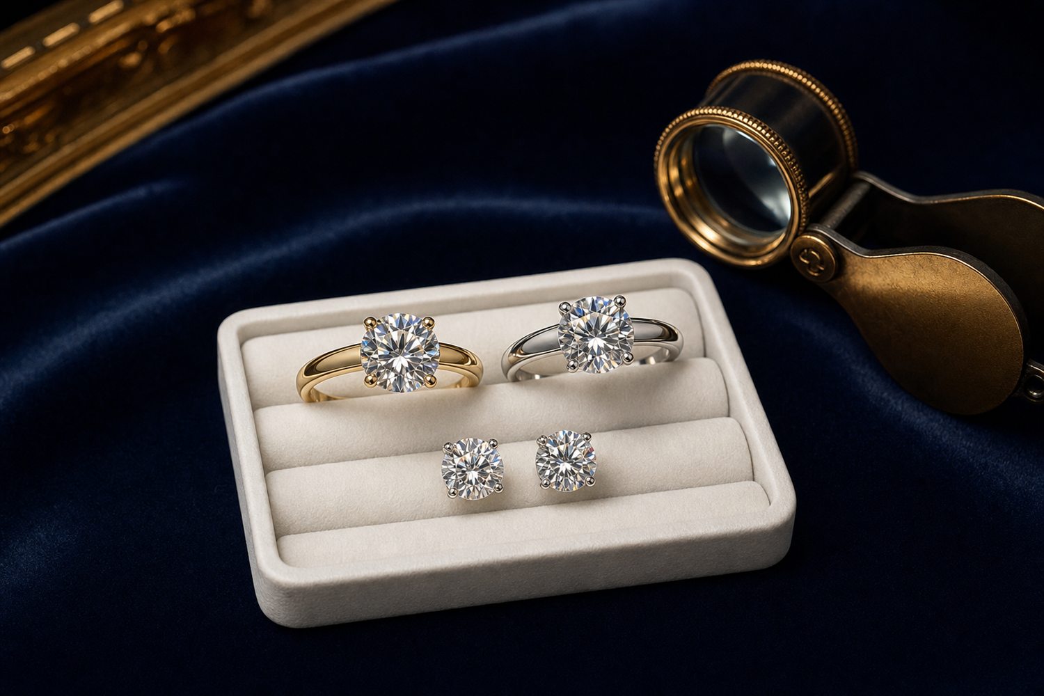 Zwei Diamant-Solit&auml;rringe und Diamant-Ohrstecker auf einem hellen Steintablett auf dunklem Samt &ndash; Diamantschmuck-Ankauf M&uuml;nchen