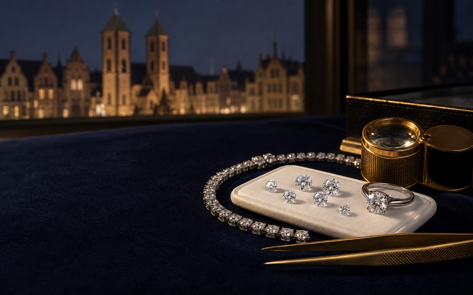 Lose Brillanten auf einem Steinpapier, ein Solit&auml;rring und ein Diamantarmband auf dunklem Samt, daneben Lupe und Pinzette, im Hintergrund die Turm-Silhouette des St.-Paulus-Doms in M&uuml;nster &ndash; Diamant verkaufen M&uuml;nster