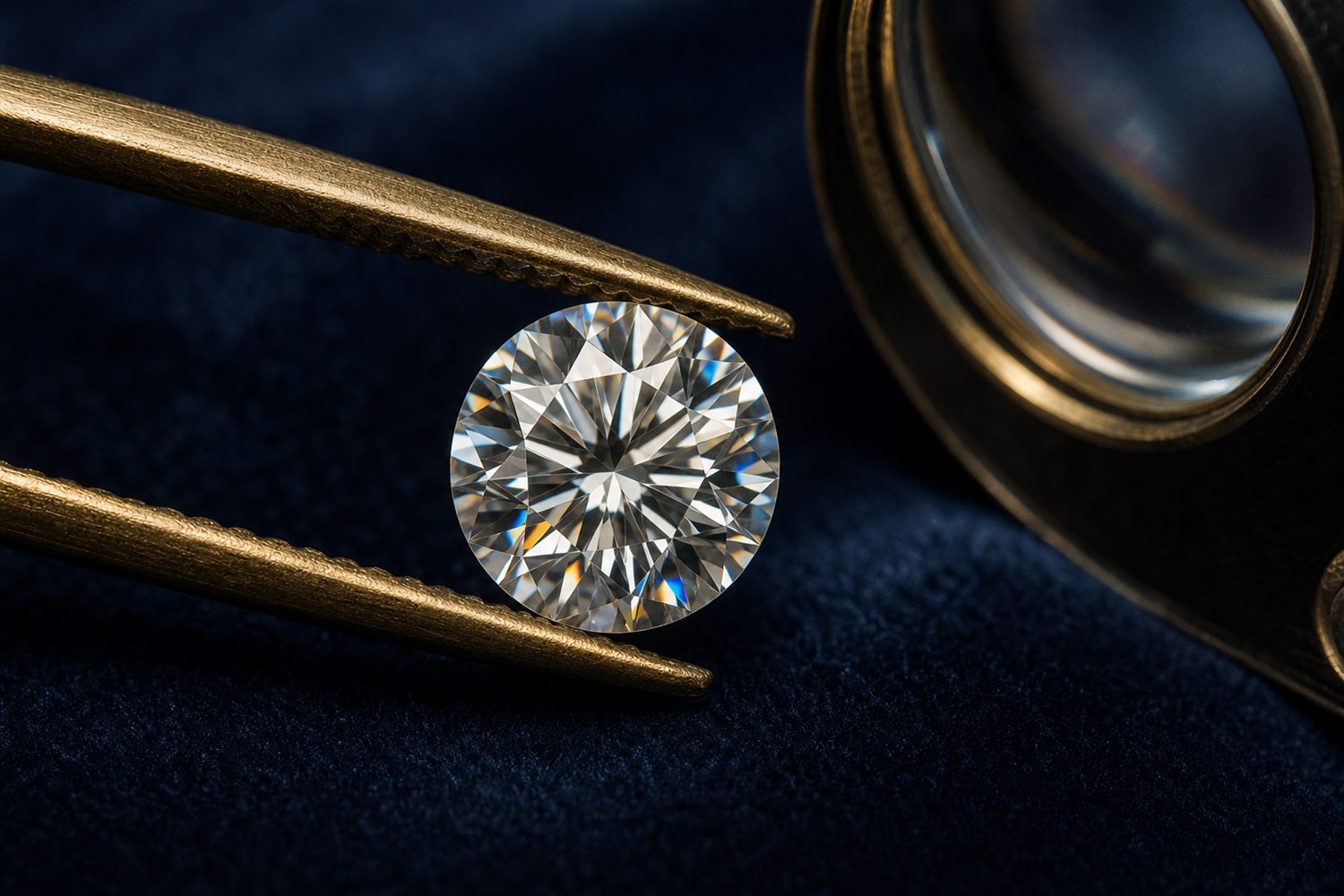 Loser Brillant in einer Pinzette unter der Lupe betrachtet auf dunklem Samt &ndash; Diamant-Bewertung nach den 4 C in M&uuml;nster