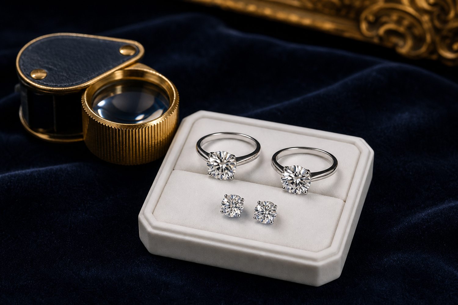 Zwei Diamant-Solit&auml;rringe und Diamant-Ohrstecker auf einem hellen Steintablett auf dunklem Samt &ndash; Diamantschmuck-Ankauf M&uuml;nster