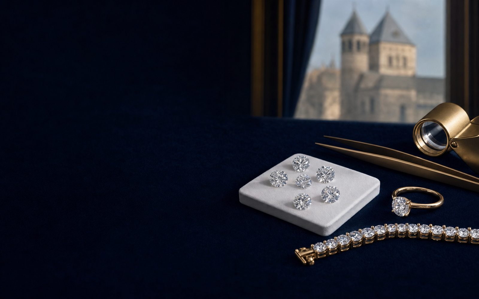 Lose Brillanten auf einem Steinpapier, ein Solit&auml;rring und ein Diamantarmband auf dunklem Samt, daneben Lupe und Pinzette, im Hintergrund die Doppelturm-Silhouette des Neusser Doms &ndash; Diamant verkaufen Neuss