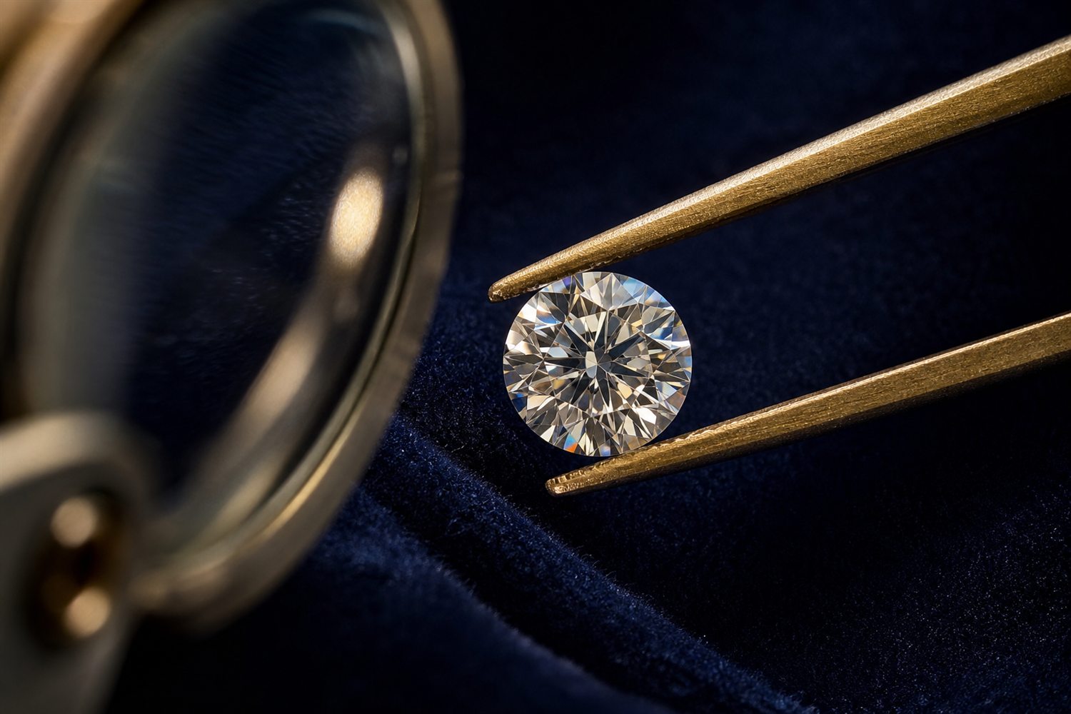 Loser Brillant in einer Pinzette unter der Lupe betrachtet auf dunklem Samt &ndash; Diamant-Bewertung nach den 4 C in Neuss