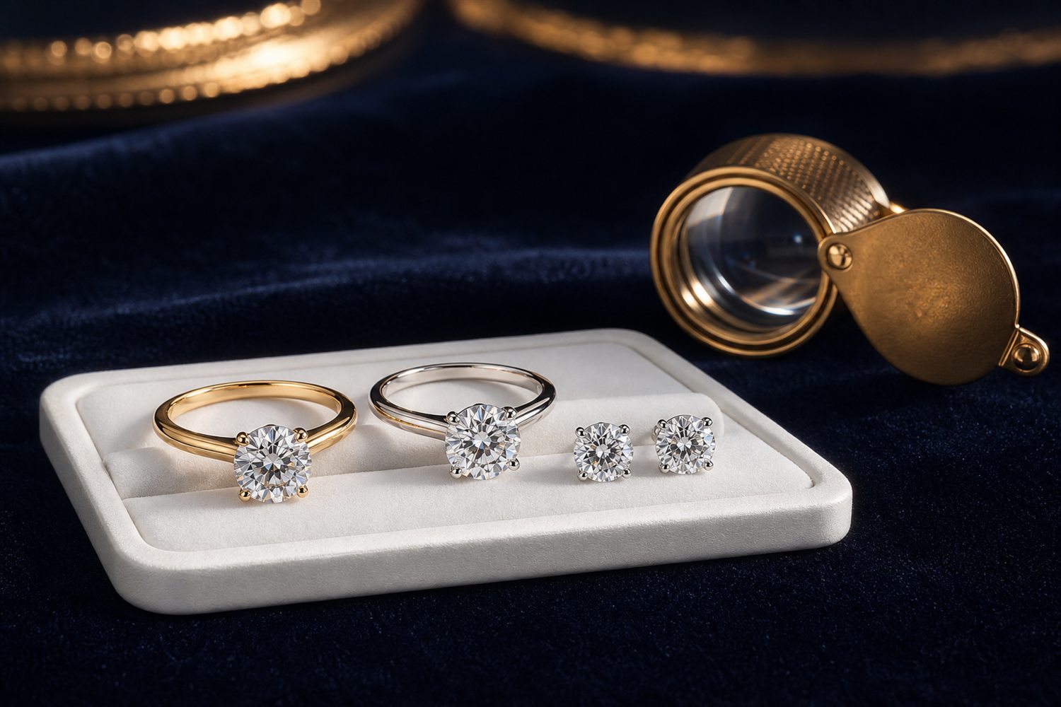 Zwei Diamant-Solit&auml;rringe und Diamant-Ohrstecker auf einem hellen Steintablett auf dunklem Samt &ndash; Diamantschmuck-Ankauf Neuss
