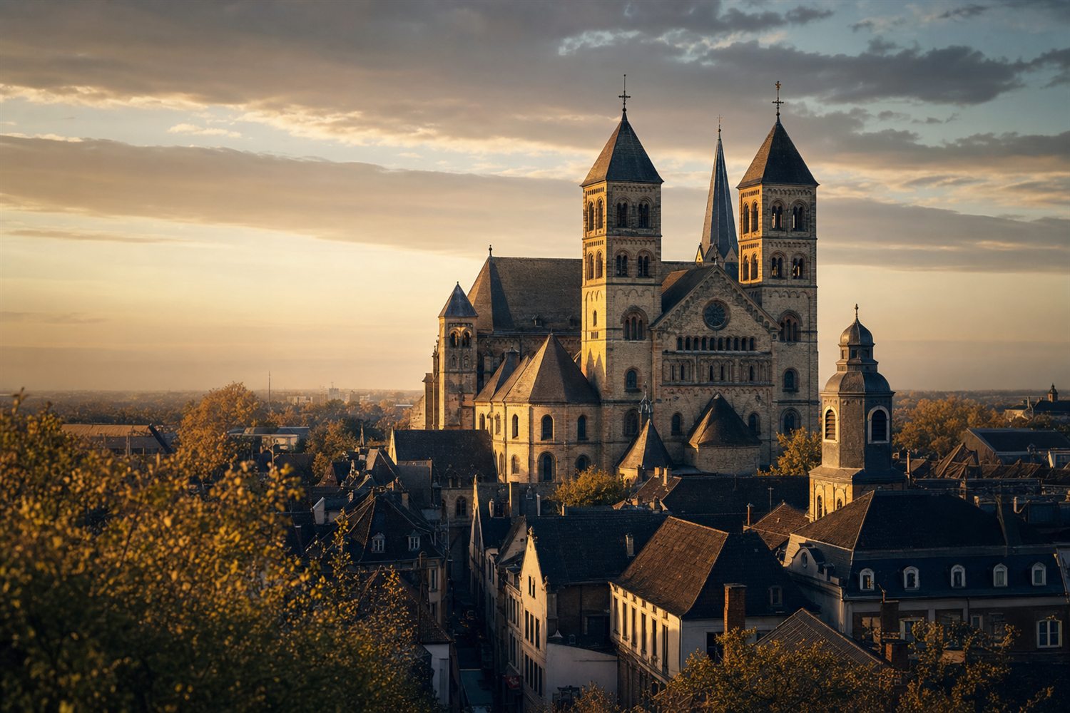 Die beiden gotischen T&uuml;rme des Neusser Doms &uuml;ber dem Rhein im Abendlicht &ndash; Diamant-Ankauf Region Neuss