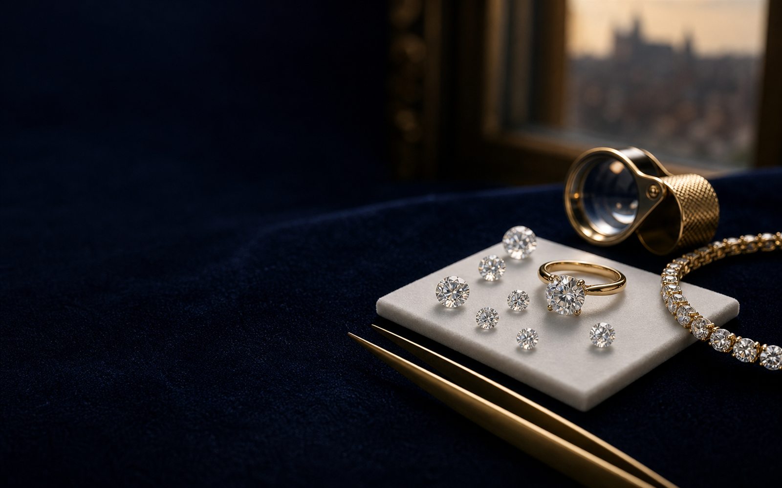 Lose Brillanten auf einem Steinpapier, ein Solit&auml;rring und ein Diamantarmband auf dunklem Samt, daneben Lupe und Pinzette, im Hintergrund die Silhouette der N&uuml;rnberger Kaiserburg &ndash; Diamant verkaufen N&uuml;rnberg