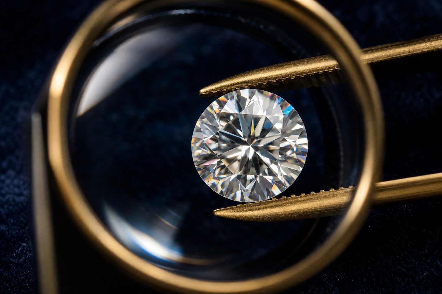 Loser Brillant in einer Pinzette unter der Lupe betrachtet auf dunklem Samt &ndash; Diamant-Bewertung nach den 4 C in N&uuml;rnberg