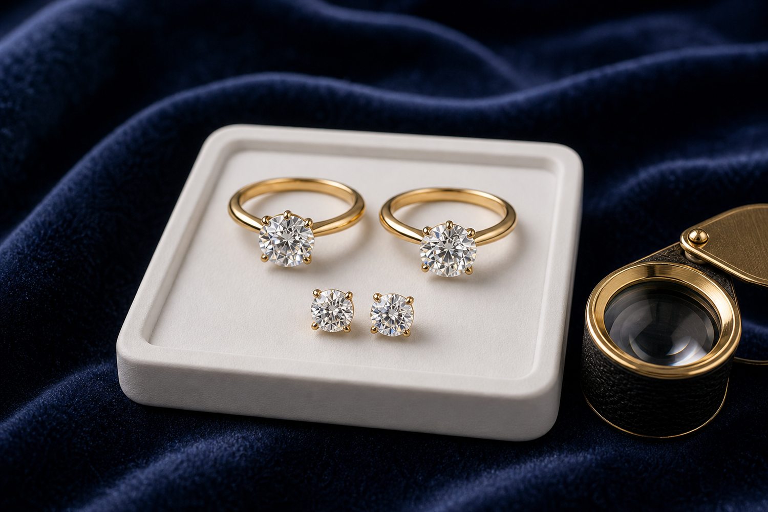 Zwei Diamant-Solit&auml;rringe und Diamant-Ohrstecker auf einem hellen Steintablett auf dunklem Samt &ndash; Diamantschmuck-Ankauf N&uuml;rnberg