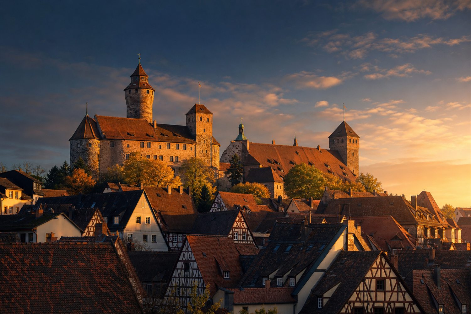 Die Sandstein-Mauern und T&uuml;rme der N&uuml;rnberger Kaiserburg &uuml;ber der historischen Altstadt im Abendlicht &ndash; Diamant-Ankauf Region N&uuml;rnberg
