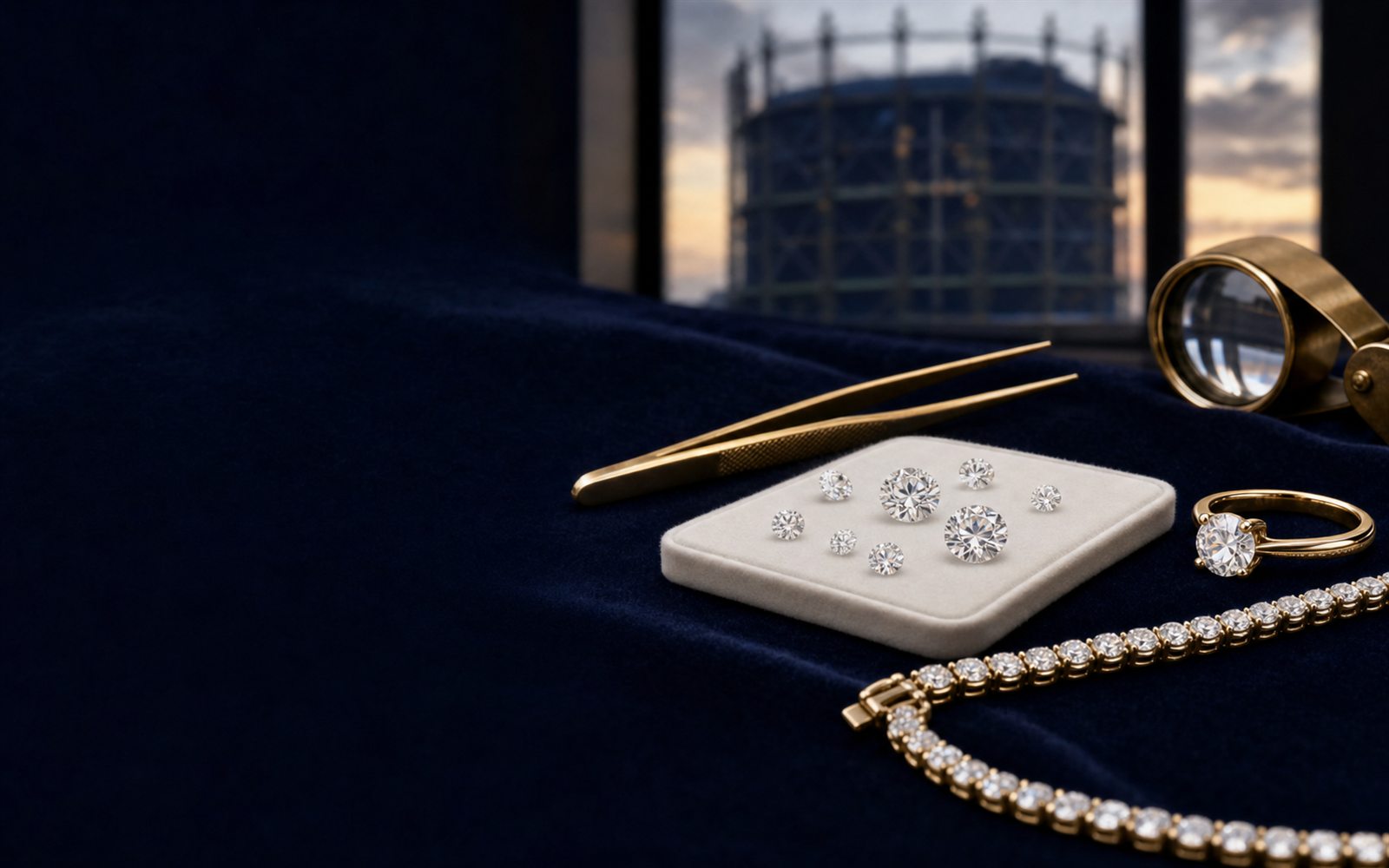 Lose Brillanten auf einem Steinpapier, ein Solit&auml;rring und ein Diamantarmband auf dunklem Samt, daneben Lupe und Pinzette, im Hintergrund die Doppelturm-Silhouette des Oberhausener Doms &ndash; Diamant verkaufen Oberhausen