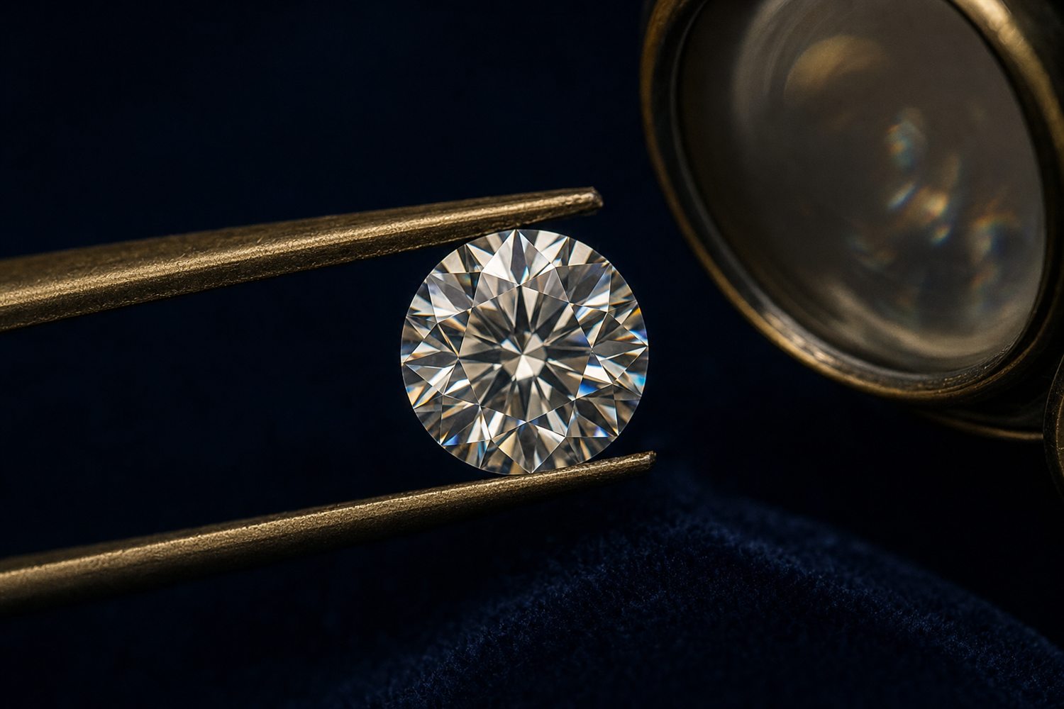 Loser Brillant in einer Pinzette unter der Lupe betrachtet auf dunklem Samt &ndash; Diamant-Bewertung nach den 4 C in Oberhausen