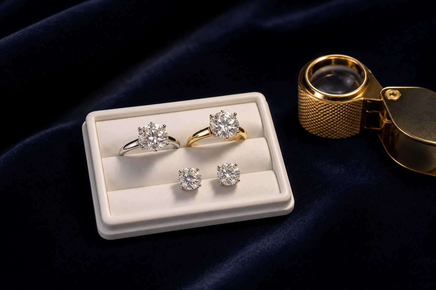 Zwei Diamant-Solit&auml;rringe und Diamant-Ohrstecker auf einem hellen Steintablett auf dunklem Samt &ndash; Diamantschmuck-Ankauf Oberhausen