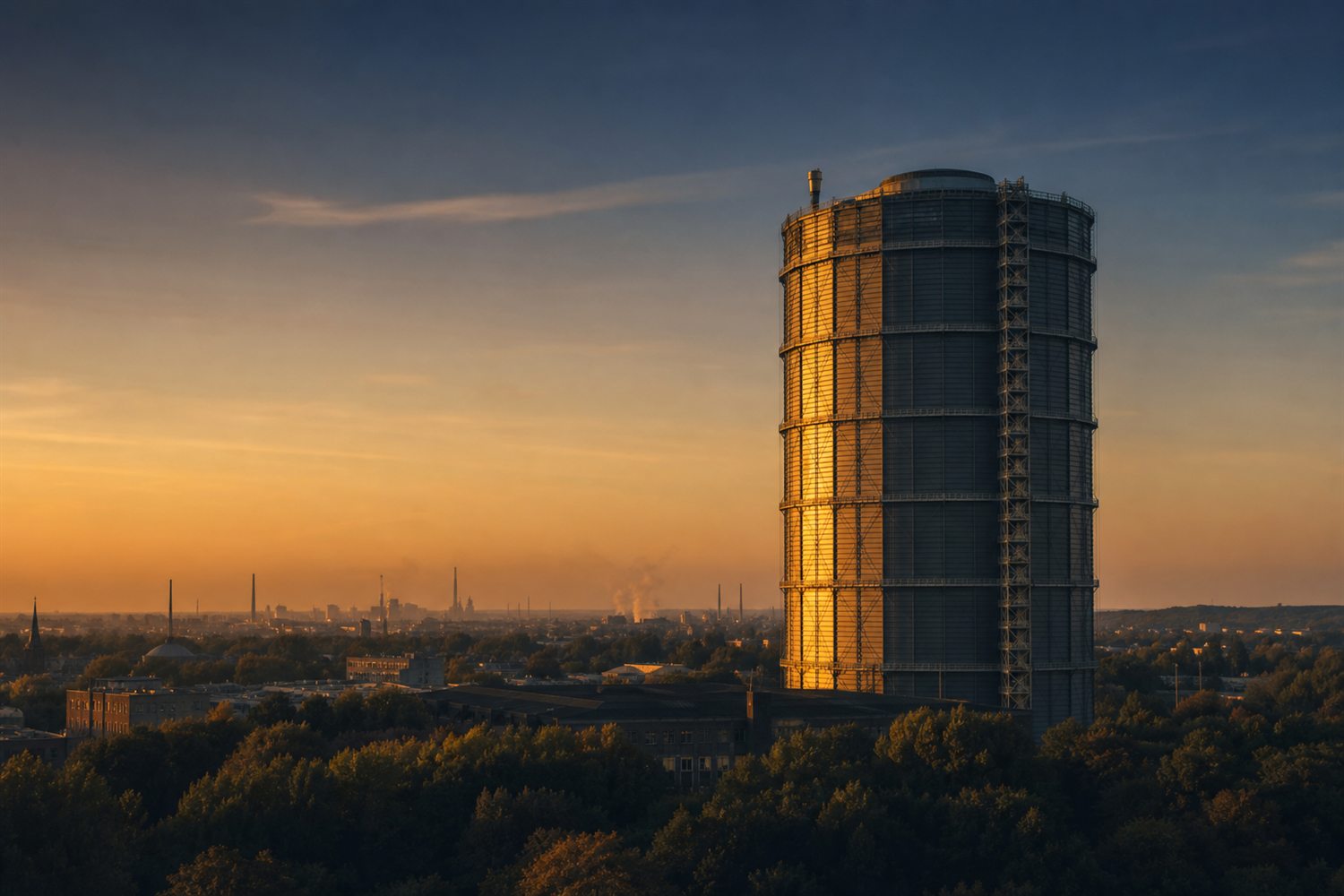 Die beiden gotischen T&uuml;rme des Oberhausener Doms &uuml;ber dem Rhein im Abendlicht &ndash; Diamant-Ankauf Region Oberhausen