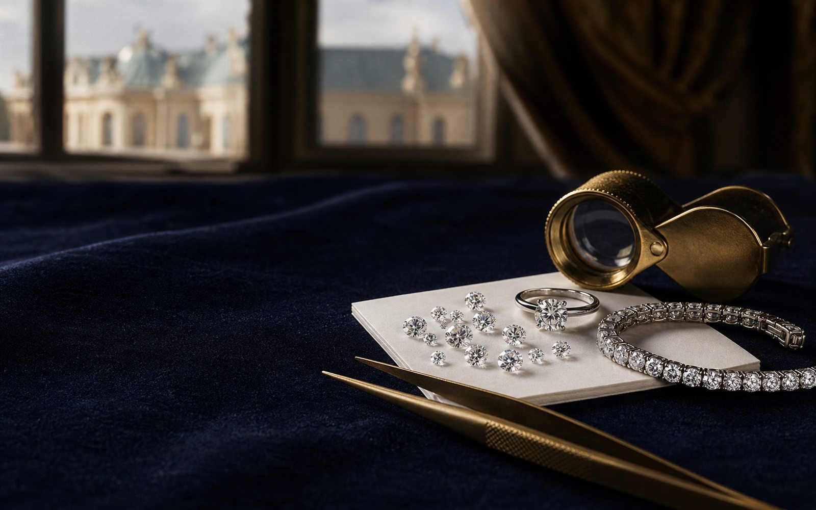 Lose Brillanten auf einem Steinpapier, ein Solit&auml;rring und ein Diamantarmband auf dunklem Samt, daneben Lupe und Pinzette, im Hintergrund eine Sanssouci-artige Schlosssilhouette &ndash; Diamant verkaufen Potsdam