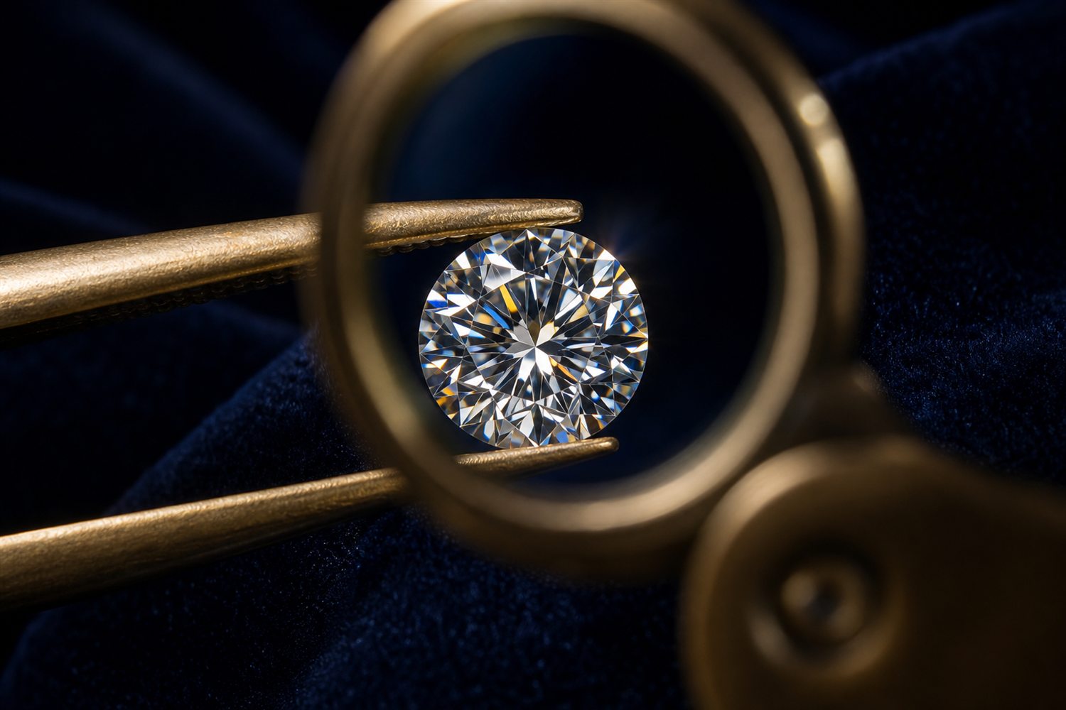 Loser Brillant in einer Pinzette unter der Lupe betrachtet auf dunklem Samt &ndash; Diamant-Bewertung nach den 4 C in Potsdam