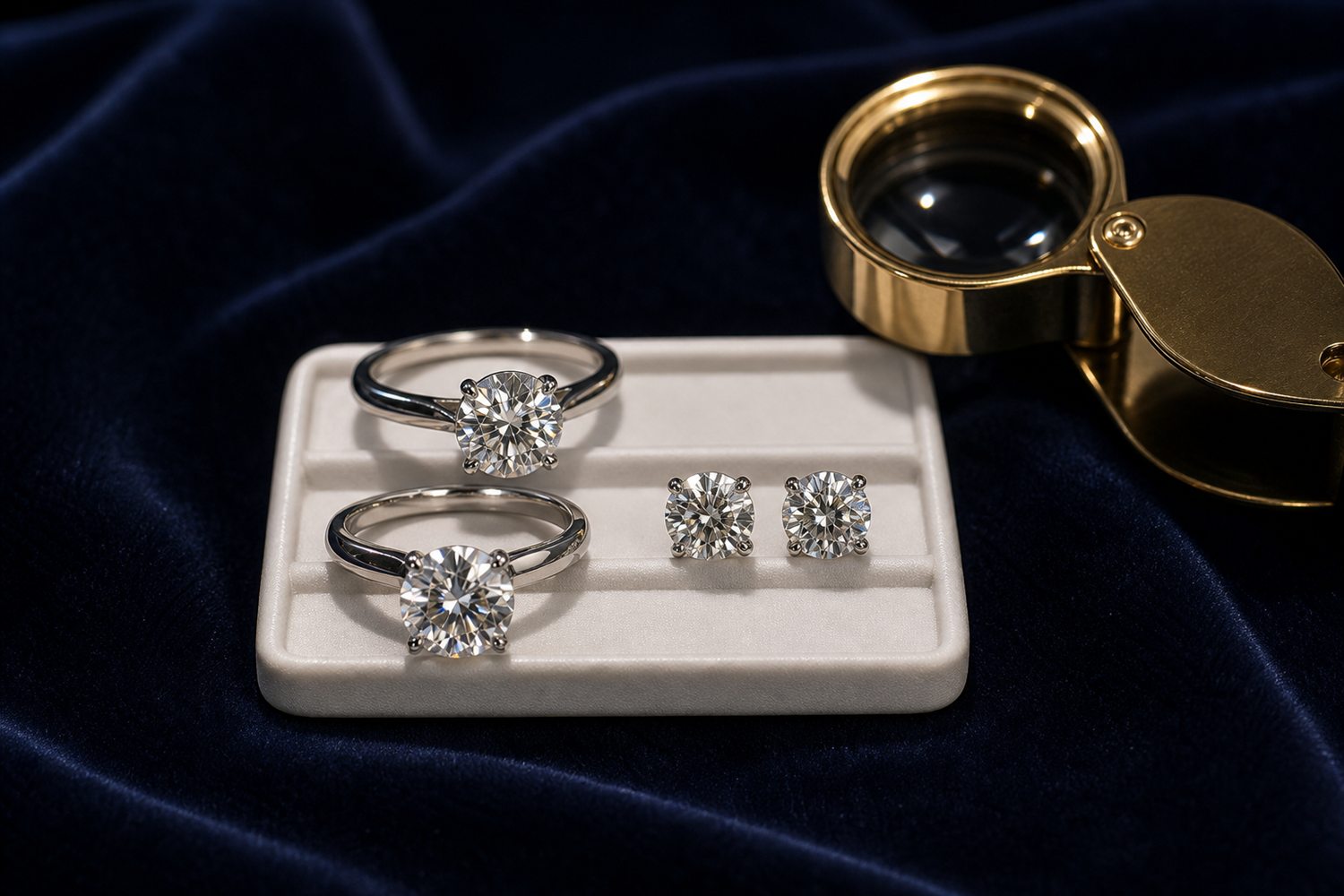 Zwei Diamant-Solit&auml;rringe und Diamant-Ohrstecker auf einem hellen Steintablett auf dunklem Samt &ndash; Diamantschmuck-Ankauf Potsdam