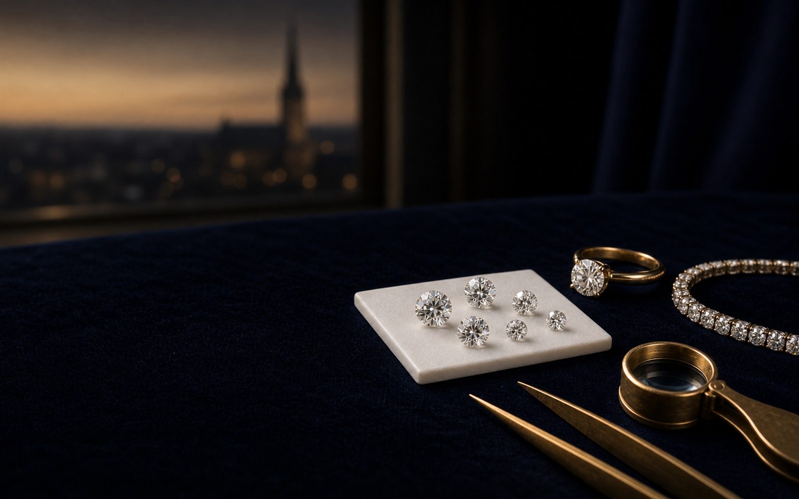 Lose Brillanten auf einem Steinpapier, ein Solit&auml;rring und ein Diamantarmband auf dunklem Samt, daneben Lupe und Pinzette, im Hintergrund die Doppelturm-Silhouette des Recklinghausener Doms &ndash; Diamant verkaufen Recklinghausen