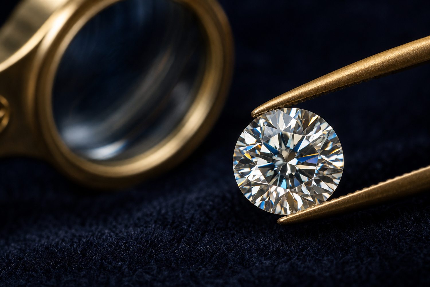 Loser Brillant in einer Pinzette unter der Lupe betrachtet auf dunklem Samt &ndash; Diamant-Bewertung nach den 4 C in Recklinghausen