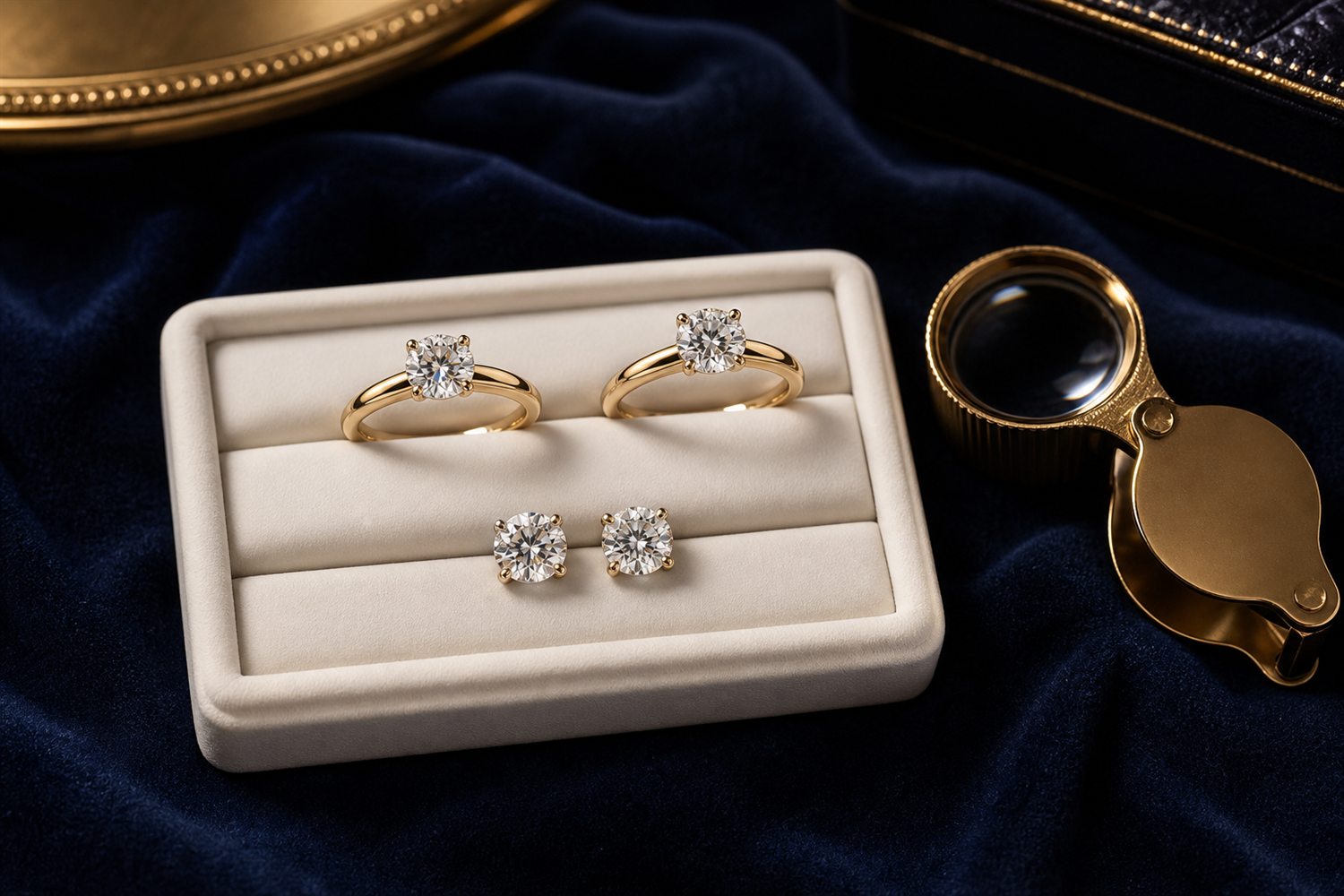 Zwei Diamant-Solit&auml;rringe und Diamant-Ohrstecker auf einem hellen Steintablett auf dunklem Samt &ndash; Diamantschmuck-Ankauf Recklinghausen