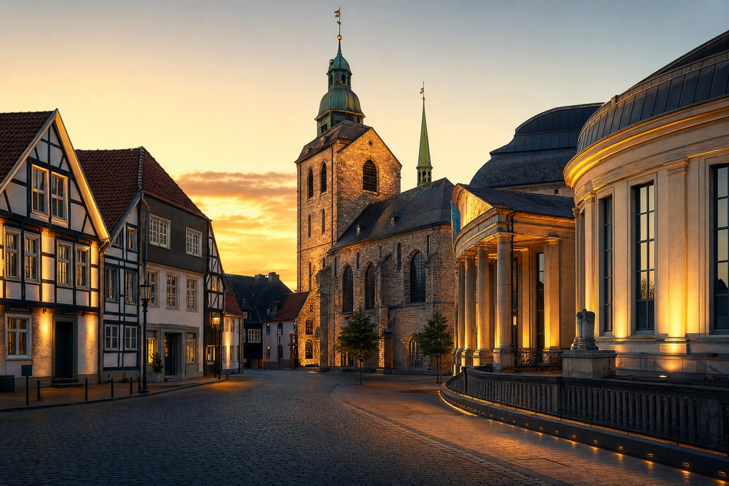 Die beiden gotischen T&uuml;rme des Recklinghausener Doms &uuml;ber dem Rhein im Abendlicht &ndash; Diamant-Ankauf Region Recklinghausen