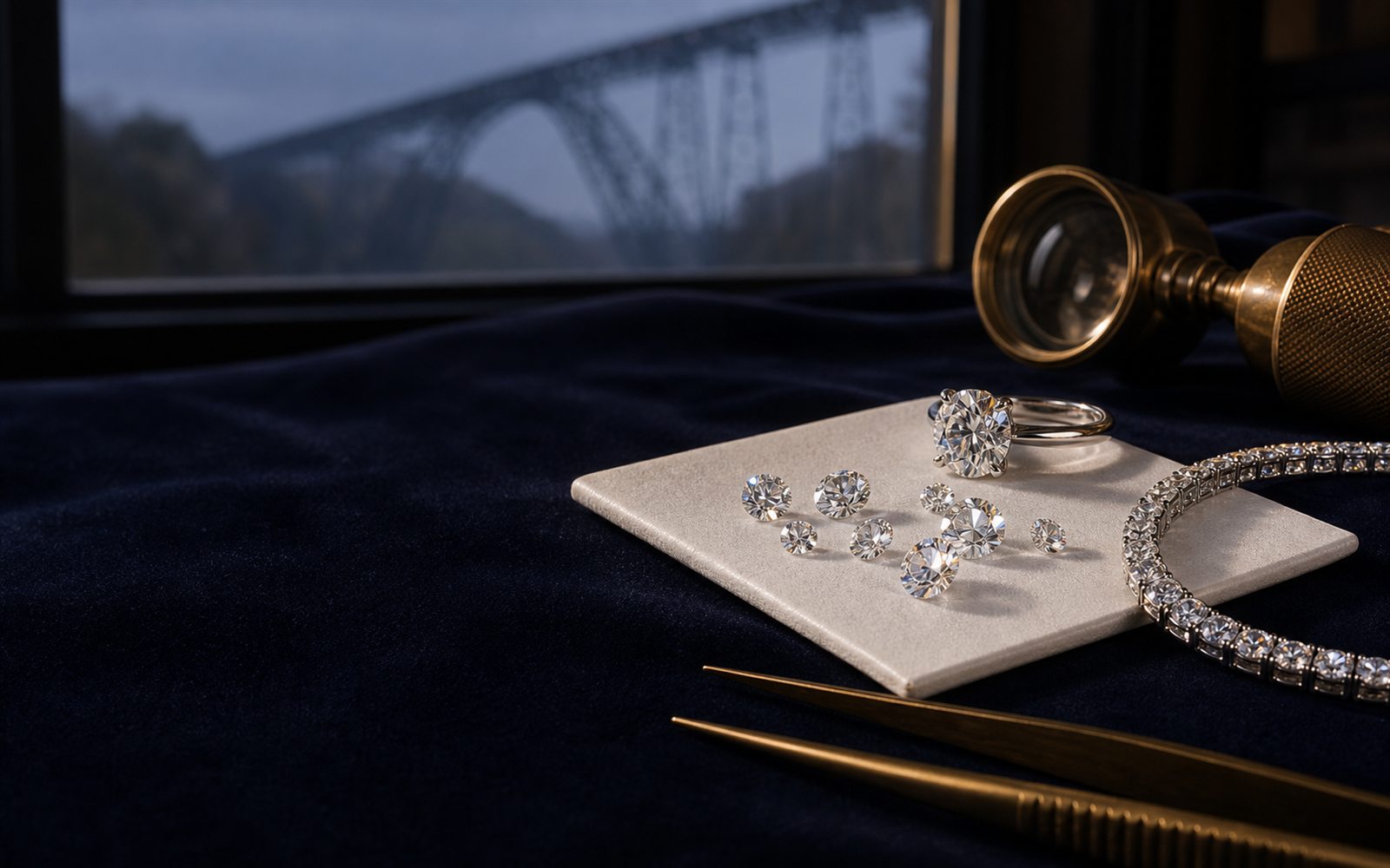 Lose Brillanten auf einem Steinpapier, ein Solit&auml;rring und ein Diamantarmband auf dunklem Samt, daneben Lupe und Pinzette, im Hintergrund die Doppelturm-Silhouette des Remscheider Doms &ndash; Diamant verkaufen Remscheid