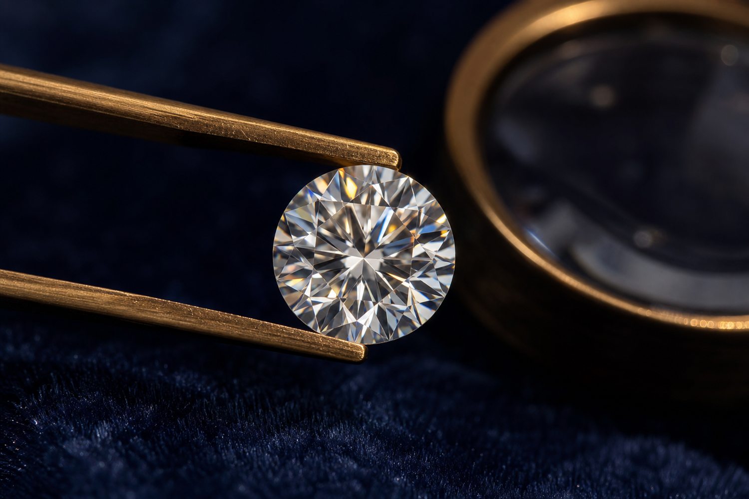 Loser Brillant in einer Pinzette unter der Lupe betrachtet auf dunklem Samt &ndash; Diamant-Bewertung nach den 4 C in Remscheid