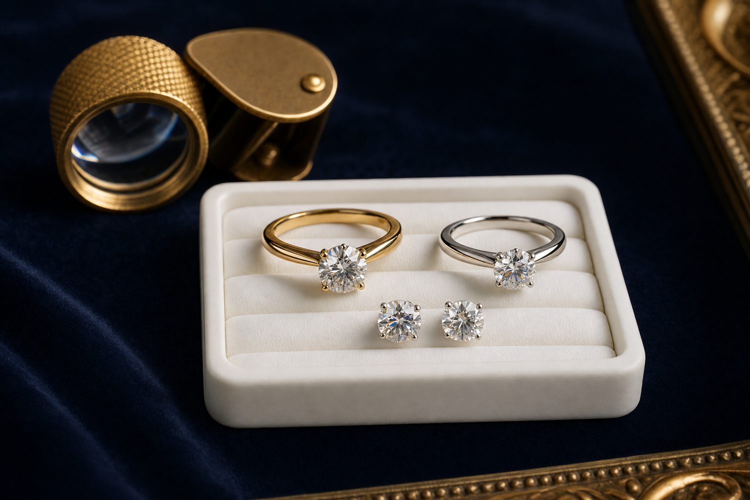 Zwei Diamant-Solit&auml;rringe und Diamant-Ohrstecker auf einem hellen Steintablett auf dunklem Samt &ndash; Diamantschmuck-Ankauf Remscheid