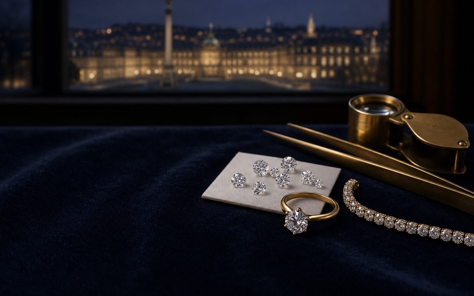 Lose Brillanten auf einem Steinpapier, ein Solit&auml;rring und ein Diamantarmband auf dunklem Samt, daneben Lupe und Pinzette, im Hintergrund die Silhouette des Neuen Schlosses am Schlossplatz &ndash; Diamant verkaufen Stuttgart