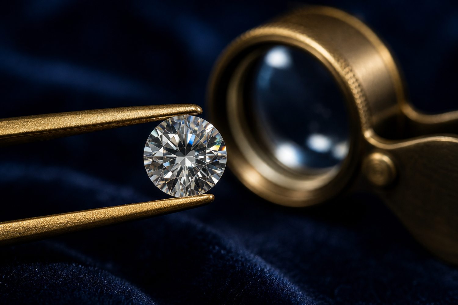 Loser Brillant in einer Pinzette unter der Lupe betrachtet auf dunklem Samt &ndash; Diamant-Bewertung nach den 4 C in Stuttgart