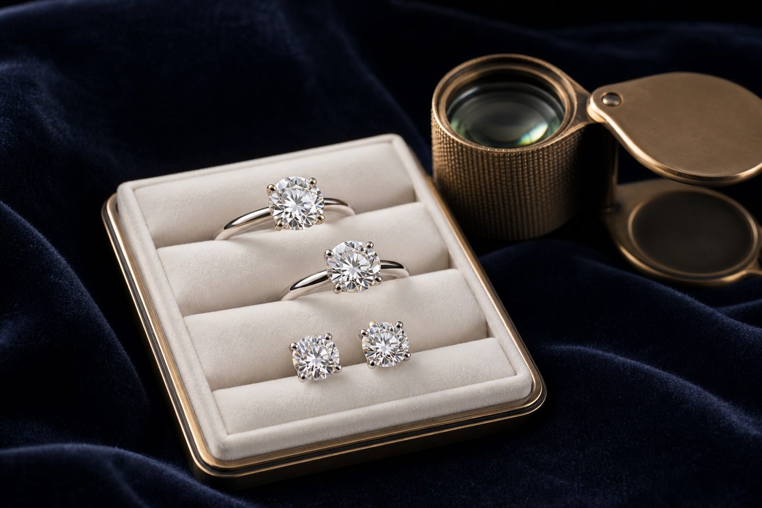 Zwei Diamant-Solit&auml;rringe und Diamant-Ohrstecker auf einem hellen Steintablett auf dunklem Samt &ndash; Diamantschmuck-Ankauf Stuttgart