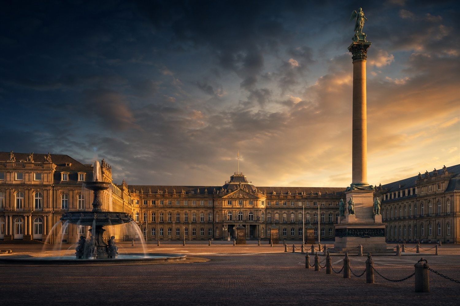Die Fassade des Neuen Schlosses am Stuttgarter Schlossplatz im Abendlicht &ndash; Diamant-Ankauf Region Stuttgart