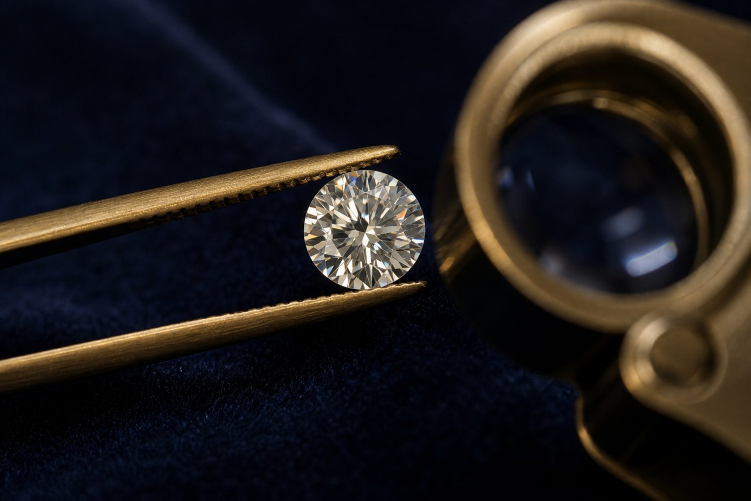 Loser Brillant in einer Pinzette unter der Lupe betrachtet auf dunklem Samt &ndash; Diamant-Bewertung nach den 4 C in Wiesbaden