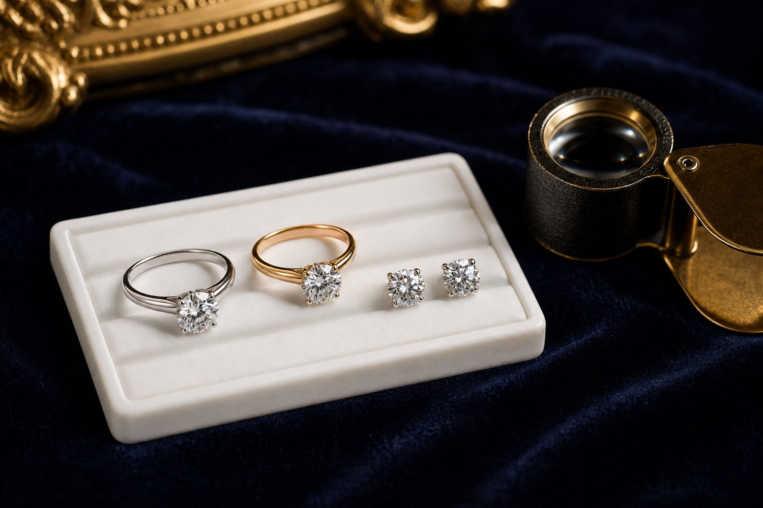 Zwei Diamant-Solit&auml;rringe und Diamant-Ohrstecker auf einem hellen Steintablett auf dunklem Samt &ndash; Diamantschmuck-Ankauf Wiesbaden